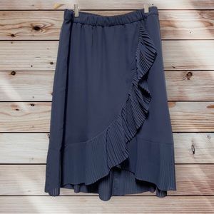 J. Crew Blue Pleated Tulip Pull On Skirt Ruffle Hem Size Large Midi Length AJ992